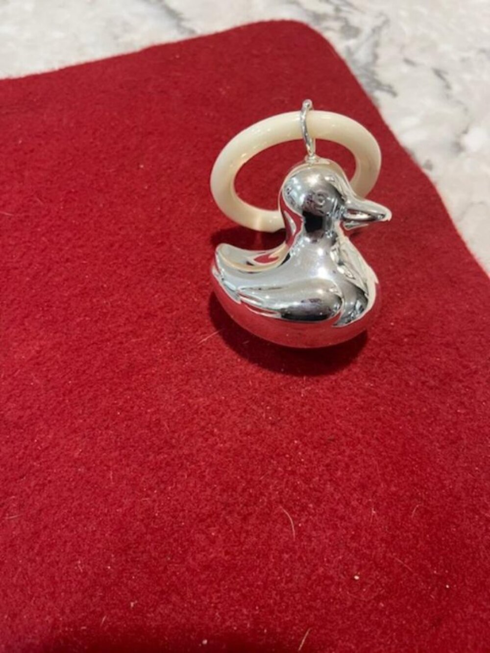 Silver Plated Duck Rattle on Pacifier Ring/A Brand New Inventory Boxed Baby Toy - Picture 3 of 6